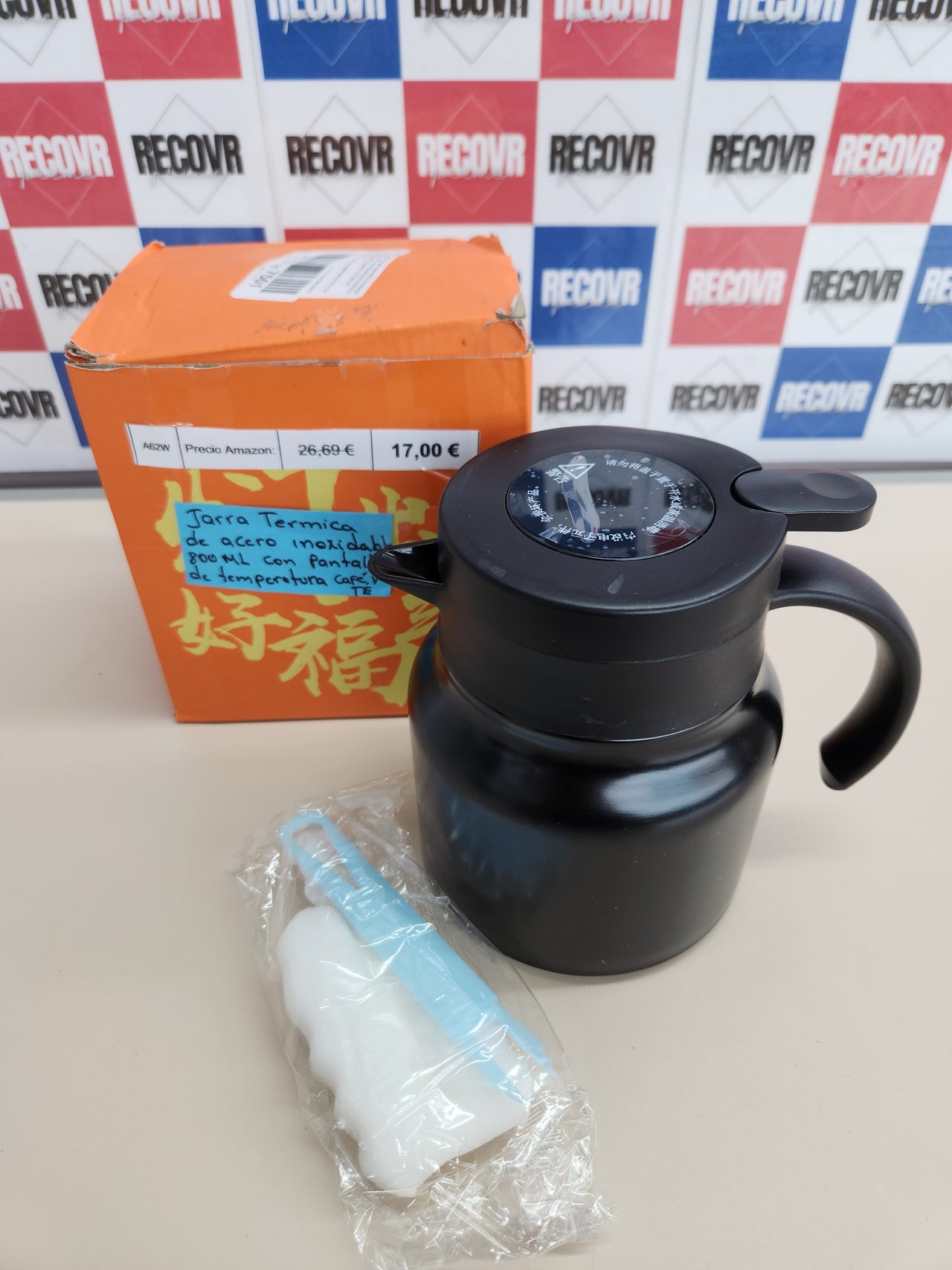 Tetera infusor 800 ml, jarra térmica de acero inoxidable con pantalla de temperatura y cepillo de limpieza, tetera para café, té, bebidas (negro) - Sin BPA