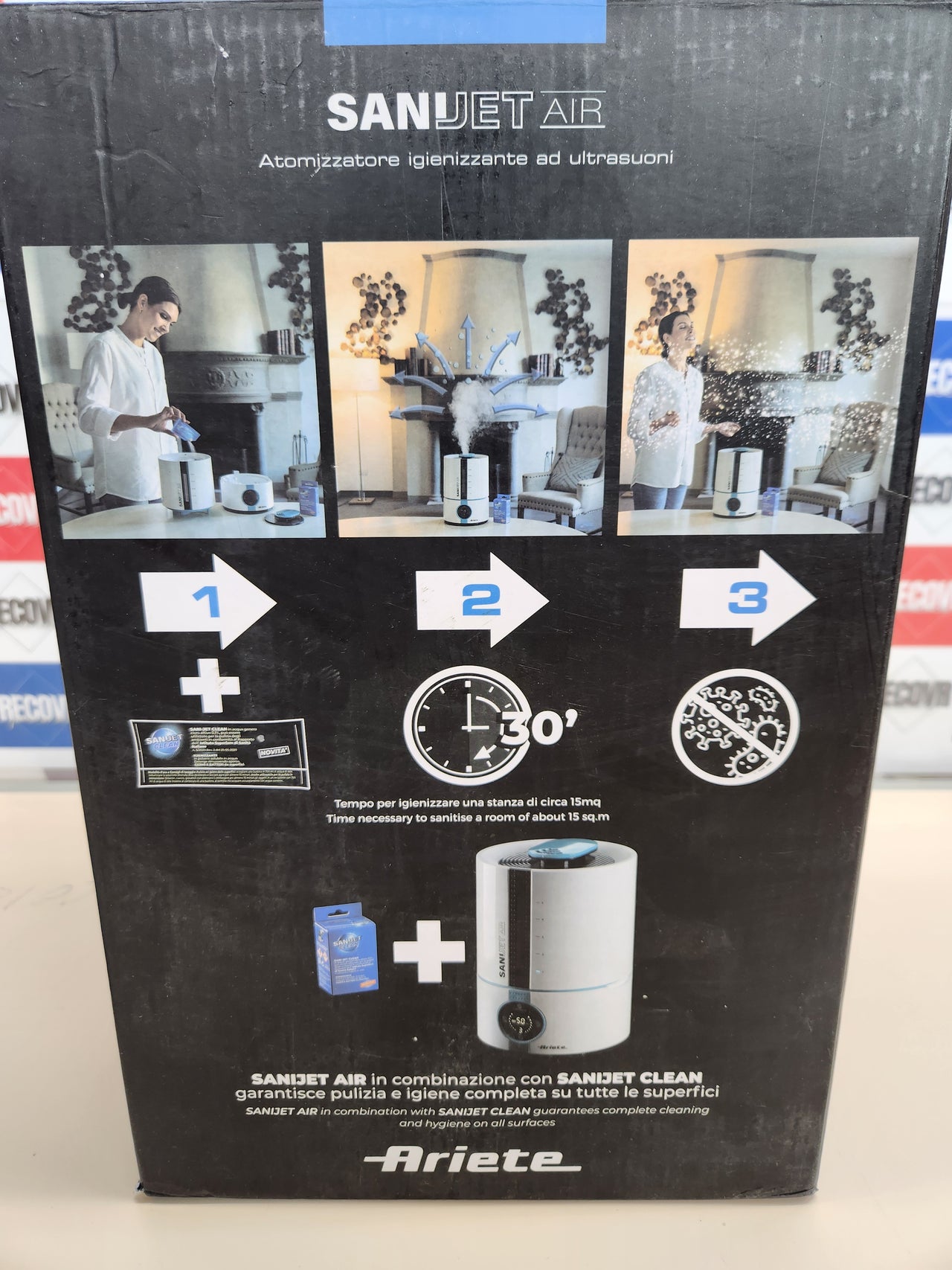Atomizador 30V, 5L, 3 niveles desinfectante ultrasónico, Ariete 2836 Sani-Jet Air, pantalla LED, blanco/azul