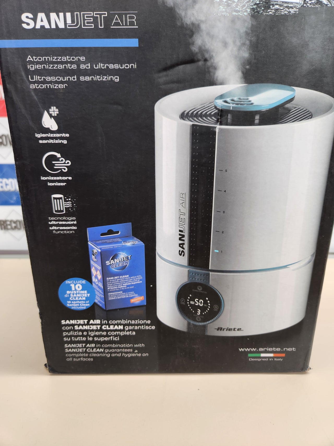 Atomizador 30V, 5L, 3 niveles desinfectante ultrasónico, Ariete 2836 Sani-Jet Air, pantalla LED, blanco/azul