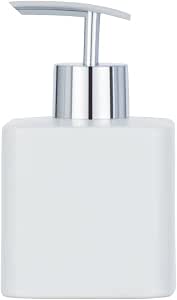 WENKO Seifenspender Hexa, nachfüllbarer Pumpspender aus Keramik para 290 ml Flüssigseife, silberner Pumpkopf, 7,5 x 13 x 8,5 cm, Blanco matt