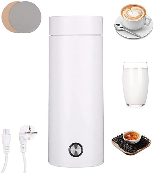 Pequeño hervidor de agua portátil, 450ML Hervidor de Viaje, 3 en 1 Mini Taza de Agua Eléctrica, 2 Untersetzer gratis, Materiales Inoxidables, Apagado Automático, para Hacer Leche, Café y Té