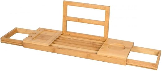 Alpina Bandeja Bañera Ajustable - Estanterias Baño 50-92 x 18 x 4 cm - Bandeja Bambú con Soporte para Libros y Soporte para Tableta - Incl. Soportes para Vasos - Mueble Baño