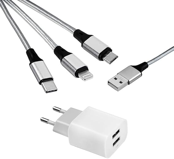 MUTTO Pack Cargador de Pared Universal de 5V2A/10W con 2 Puertos USB + 3 en 1 Multi Cable de Carga Universal USB a Micro USB/USB-C/Lightning Compatible con iPhone, Samsung, Huawei, Xiaomi