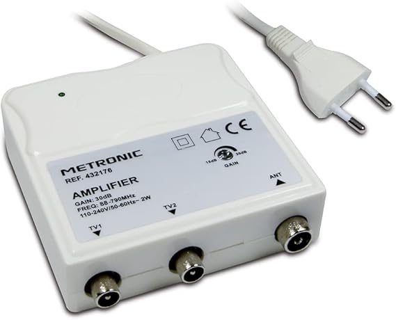 Metronic 332176 - Amplificador para Interior FM/VHF/UHF con Ajuste de Gacia de 30 DB con Filtro 4G, Compatible Dab+, Entrada/Salidas con Toma 9,52 mm, Blanco