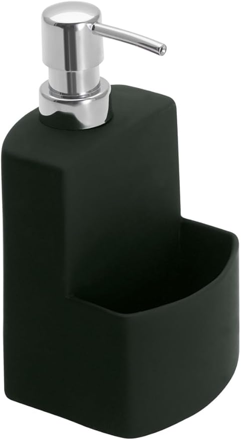 Wenko Dispensador de lavavajillas Festival, dispensador para la Cocina, cerámica de Calidad con Superficie Suave al Tacto, Compartimento Extra para Estropajo, 380 ml, 10 x 18 x 10 cm, Negro