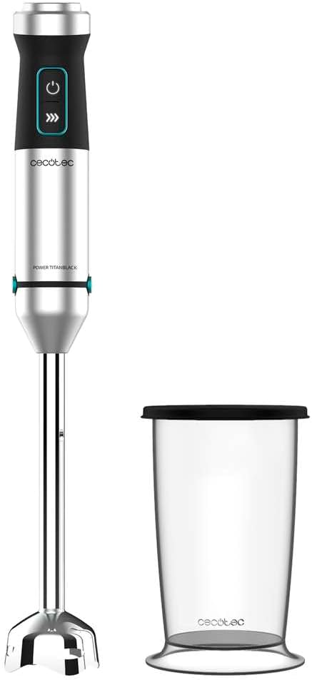 Cecotec Batidora de mano Power TitanBlack 1500 XL. Tecnología CrossBlades con cuchillas de 4 hojas, Pie XL, Antisalpicaduras, Selector de velocidad con función Turbo, Vaso de 800 ml con tapa