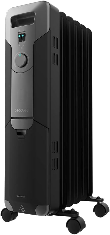 Cecotec Radiador Eléctrico de Aceite ReadyWarm 5000 Space Black. 5 Módulos, Bajo Consumo, 1000 W, 3 Niveles, Recogecables, Control Sencillo, Asa, Ruedas, Sistema de Seguridad, 12 m²