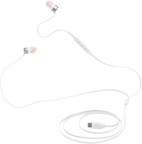 JBL Tune 310 C USB-C Auriculares intraaurales con micrófono y audio de alta resolución, cable plano antienredos, 3 botones de control, control de preajustes de volumen y EQ, en blanco