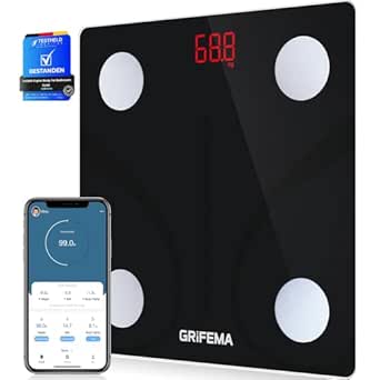 GRIFEMA, GA2001 Bascula de Baño Digital Grasa Corporal, Bluetooth Inteligente con Aplicación MovingLife, 13 funciones de monitoreo corporal, Máximo 150kg, Negro