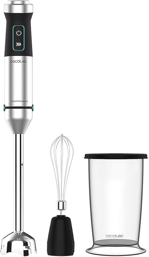 Cecotec Batidora de mano Power TitanBlack 1500 XL Cream. Potencia 1500 W, Cuchillas 4 hojas con recubrimiento titanio, pie XL, Campana antisalpicaduras, Velocidad ajustable, Función turbo
