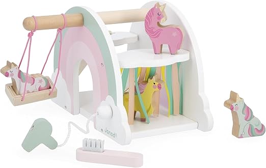 Janod Casa Tema Juguetes de Madera FSC-Incluye 6 Accesorios : 4 Unicornios, 1 secador de Pelo, 1 Cepillo, 1 Columpio, 1 tobogán-A Partir de 18 Meses-J08591 (JURATOYS J08591)