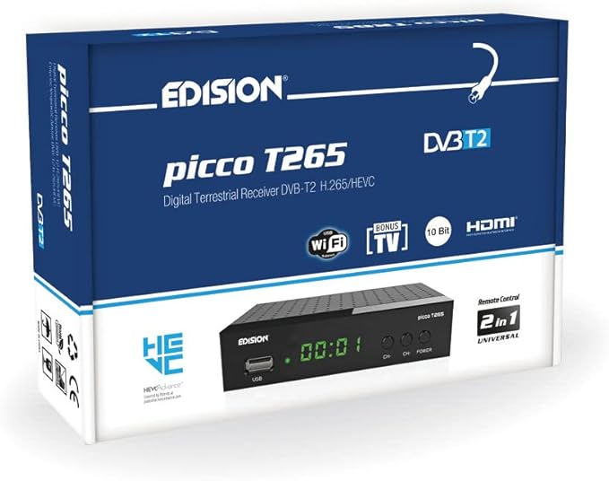 EDISION PICCO T265, 2024 Nuevo Español TDT Decodificador TV DVB-T2, Full HD, H265 HEVC, PVR, USB, HDMI, SCART, Control Remoto IR 2 en 1, Receptor DVB-T2 Alta Definición, Soporte WiFi USB