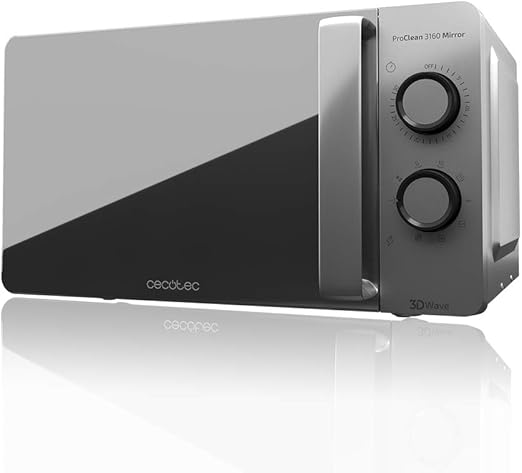Cecotec Microondas ProClean 3160 Mirror. 700W con 6 Niveles, Grill 800 W, Capacidad 20 L, Revestimiento Ready2Clean para mejor Limpieza, Tecnología 3DWave, Temporizador, Diseño Efecto Espejo