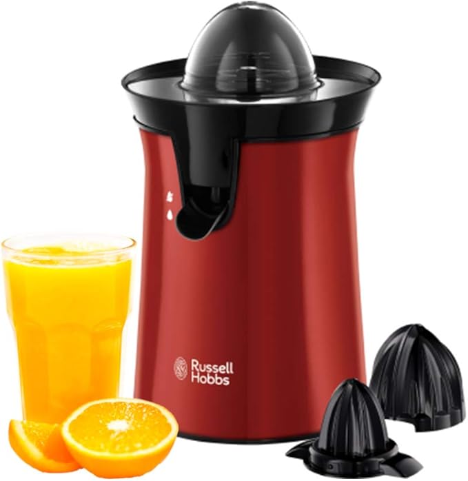 Russell Hobbs Exprimidor Eléctrico Colours Plus - Exprimidor de Naranjas y Zumos, 2 Conos Intercambiables, Función de Cambio de la Dirección, Boquilla Antigoteo, Acero Inoxidable, Rojo - 26010-56