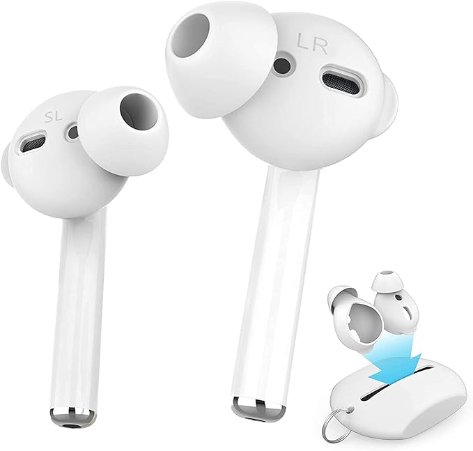 AhaStyle Fundas de silicona para auriculares, 4 pares antideslizantes [bolsa de gancho de almacenamiento de silicona] compatible con Apple AirPods 2 y 1 (2 pares grandes y 2 pares pequeños, blanco)