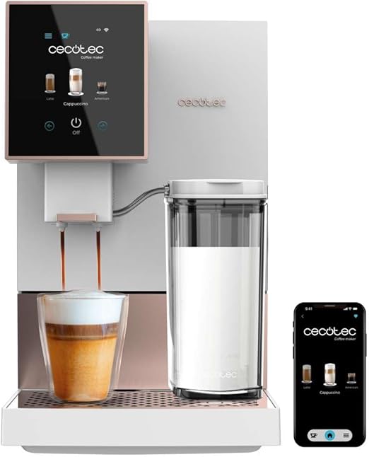Cecotec Cafetera Superautomática Cremmaet Compactccino Connected White Rose. 19 Bares, Pantalla TFT y Wifi, Sistema Thermoblock, Tanque de Leche, Depósito de 150 G de Café, 5 Niveles de Molienda