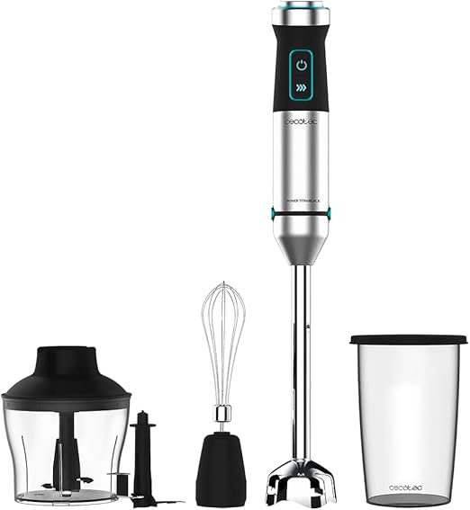 Cecotec Batidora de mano Power TitanBlack 1500 XL Cream&Crush. Potencia 1500 W, Cuchilla 4 hojas con revestimiento titanio, Pie XL, Campana antisalpicaduras, Velocidad ajustable, Función Turbo