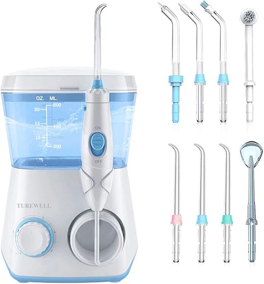 Irrigadores Dental-TUREWELL Irrigador Bucales con 8 Boquillas 10 Ajustes de Presión Del Agua, 600 ML Gran Capacidad de Depósito,IPX7 Impermeable Limpieza Dental