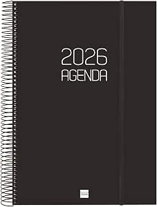 Finocam - Agenda Espiral 2026 1 Día Página | Enero - Diciembre (12 meses) | Agenda A4 Anual 2026 con goma | Tapa de polipropileno Espiral Opaque - Negro - Español