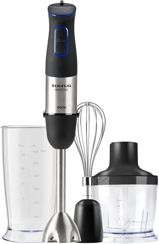 Taurus Amazing – Batidora AHBA1000X | 1000W | 20 velocidades + Turbo | Cuchillas inox 4 filos | Diseño soft-touch | Antisalpicaduras | Set de accesorios completo