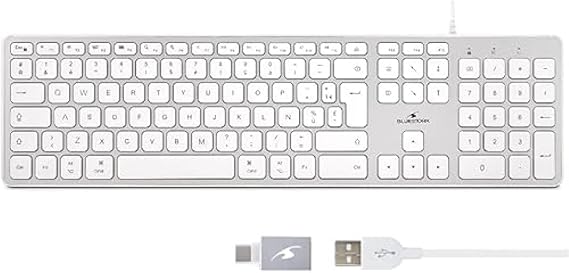Bluestork Teclado QWERTY con Cable para Mac - Teclas cóncavas y silenciosas, Incluye Ñ - 13 accesos directos Multimedia, Adaptador USB/USB-C - Nuevo 2022, Blanco