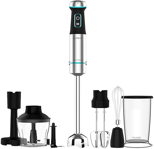 Cecotec Batidora de mano Power TitanBlack 1200 XL PerfectCream&Crush. 1200 W, Cuchillas de 4 hojas, Pie XL, Campana antisalpicaduras, Incluye picadora con cuchilla, varillas batidoras y pasapurés