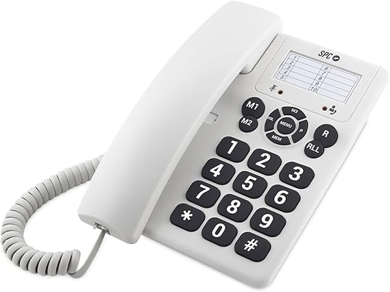 SPC Original – Teléfono Fijo sobremesa o Pared, con Teclas Grandes y fácil de Usar, 3 memorias directas, Volumen de Timbre Extra Alto, función de rellamada, Color Blanco