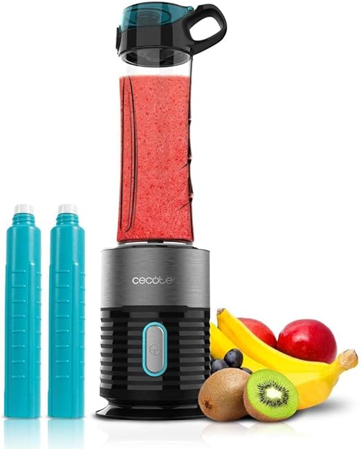 Cecotec Batidora de Vaso Individual Power Titanium 650 EasyGo Inox. 650W, Cuchilla 4 hojas con Recubrimiento de Titanio Negro, Incluye 2 Tubos Refrigeradores y 2 Vasos Resistentes de 600ml