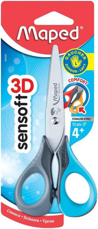 Maped - Linkshänder-Schere SENSOFT, 13 cm, flexible und ergonomische Griffe, abgerundete Spitze - blau-pink, blau-grau, orange-rot