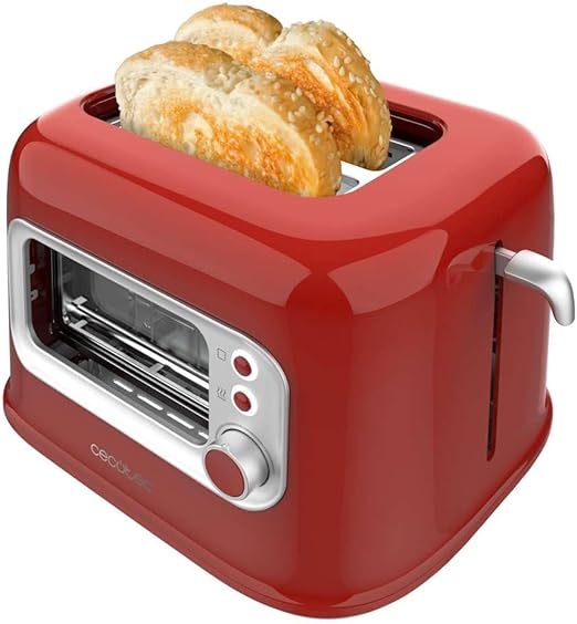 Cecotec Tostadora Vertical con 2 Ranuras Anchas y Ventana Control RetroVision Red. 700W, Diseño Retro, Cubierta Antipolvo, Apagado y Pop-up Automático, 5 Niveles de Potencia, Rojo