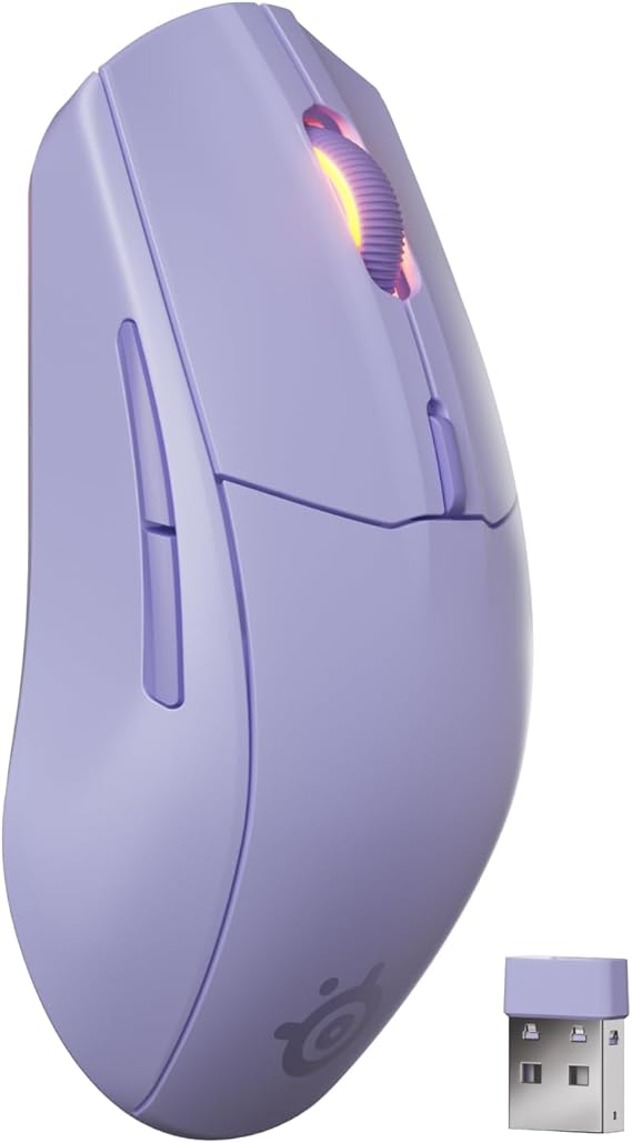 SteelSeries mysz do gier Rival 3 Wireless Gen 2 – 2,4 GHz i Bluetooth – Sensor optyczny TrueMove Air 18 000 DPI – Wytrzymała do 60 milionów kliknięć – Niska waga – Ślizgacze 100% PTFE - Lavendowy