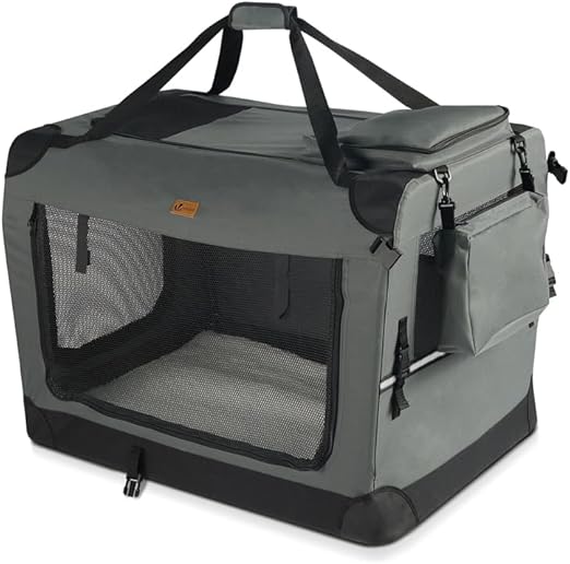 VOUNOT Hundebox faltbar, Transportbox Katze Hunde, Hundetasche, Oxford-Gewebe, Netzstoff, Atmungsaktiv, Transportabel, Metallrahmen, mit Griffen, Taschen, 50x35x36 cm S, Grau