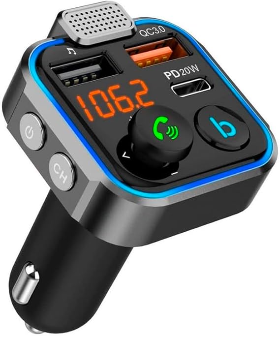 NK Transmisor FM Bluetooth 5.0 para Coche - 3 Puertos: Carga Rápida QC3.0 & Tipo C PD3.0 20W, Manos Libres, Sonido Hi-Fi con Bajos Profundos (Altavoz)