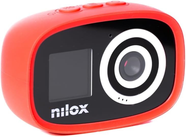 Nilox, Cámara de Acción Kidscam, Resolución 12Mp, Pantalla LCD 1.4", Resistente al Agua IP67 con Funda Protectora, Batería 700 mAh, Memoria SD hasta 32 GB, Roja