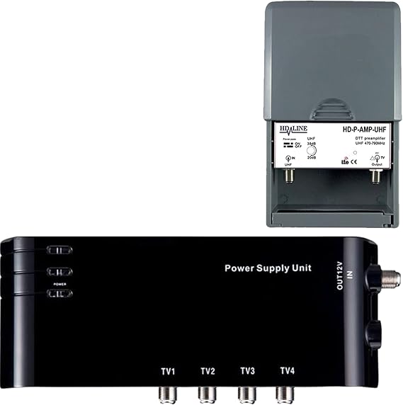 LEYF Amplificador + Alimentación 4 Salidas TV para antena terrestre TNT/preamplificador HDTV Ampli para TNT HD Señal