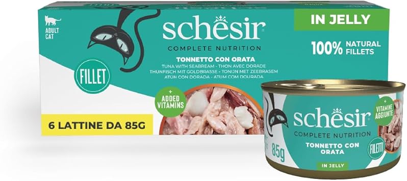 Schesir Atún con Dorada en Gelatina, Comida Húmeda para Gatos, en Latas, 100% Natural, con Vitaminas Añadidas, 6 x 85g