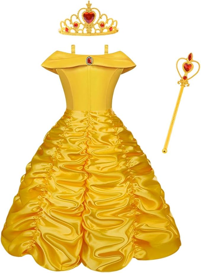 Vicloon Vestido de Princesa Bella,Disfraz Princesa Niña con Accesorios Princesa,Niña Princesa Coronación Vestido,Disfraz de Princesa Belle Vestido y Accesorios para Niñas,para Fiesta Cosplay,Navidad
