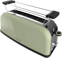 Cecotec Tostador Vertical Toastin' Time 850 Green Long, 850W, Doble ranura larga y ranura ancha 3,8cm, Varillas Superiores, Acero Inoxidable, Apagado y Pop-up Automático, Recogemigas