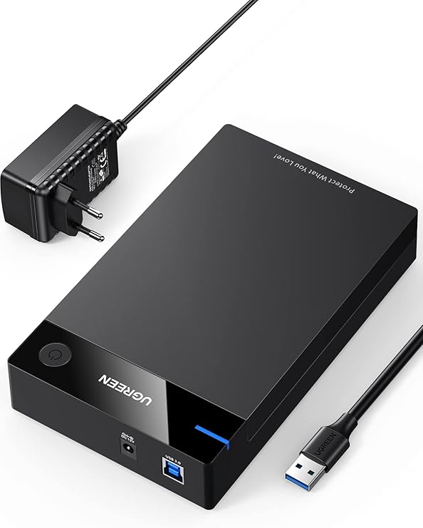 UGREEN Carcasa Disco Duro SATA SSD 3.5" 20TB, Caja SSD USB 3.0 con UASP Comaptible con PC, Xbox X/S, PS4, con Cable y Adaptador de Corriente 12V 2A