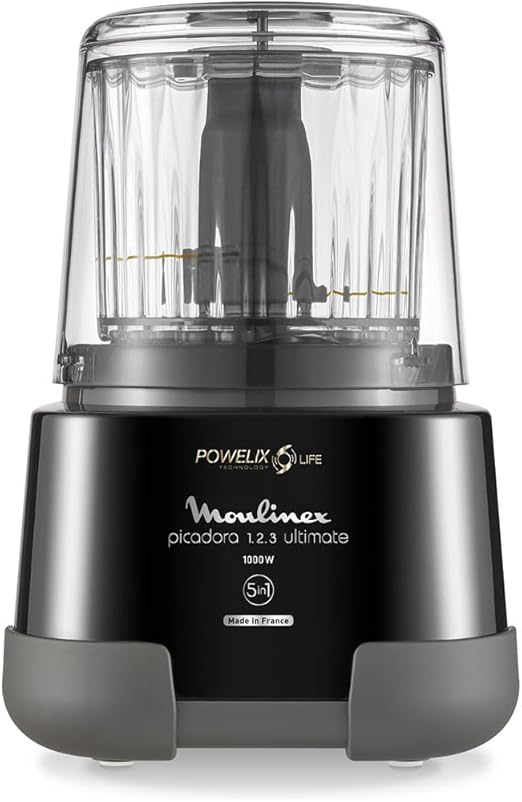 Moulinex Picadora 1,2,3 DP8108 - Picadora eléctrica 1000 W, 2 cuchillas powerlife, capacidad de hasta 350 g/550 ml, tapa hermética, sistema de protección contra el sobrecalentamiento, compacto, negro