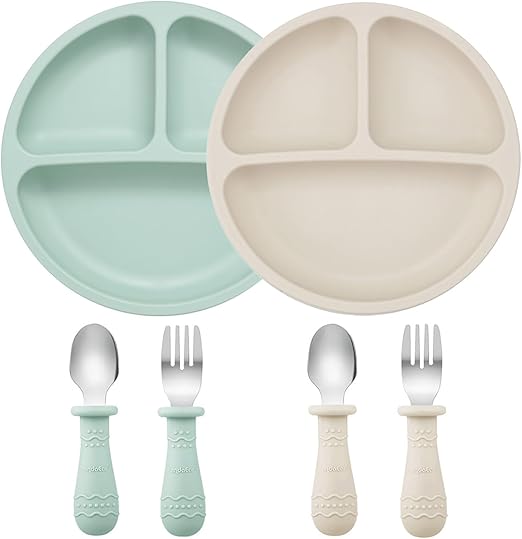 PandaEar Set de Alimentación para Bebés | 2 Platos Divididos con Ventosa de Silicona, 2 Juegos de Cucharas y Tenedores para Bebés | Utensilios de Autoalimentación para Baby Led Weaning