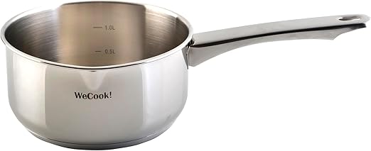 WECOOK! Cazo de Inducción Acero Inoxidable 18/10, Ø 18 cm, cap. 2,1 litros, Base Capsulada Tricapa, Mango Ergonómico Aislante,Escala Medidora, pico vertedor, apto para todas las cocinas