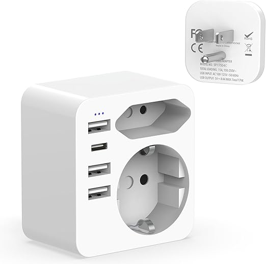 Hoppac Adaptador Enchufe Americano,6 en 1 Adaptador Enchufe Español a Americano con 3 USB A y 1 USB C (3.4A 17W), Adaptador Europeo a Americano Portátil Aplicable A EE. UU., Canadá,Tailandia,Tipo B
