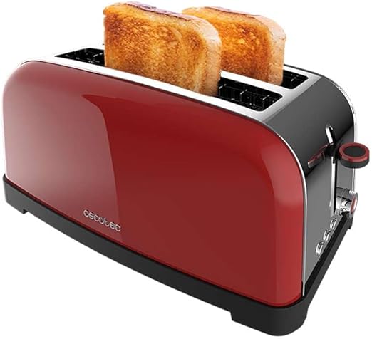 Cecotec Tostador vertical Toastin' time 1500 Red Lite, 1500W de Potencia, Capacidad para 4 Tostadas, Doble Ranura Larga y ranura ancha 3,8cm, Sistema Autocentrado, 7 posiciones de tostado