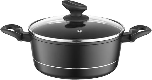 FLORINA Olla de Aluminio (3 l) I 22 cm I Olla con Tapa de Vidrio DELUX I Medidor y Revestimiento Antiarañazos I Cazuela Induccion I Apta para Cocina de Inducción, Gas y Eléctrica (Negra)