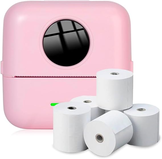 NK Impresora Fotográfica Portátil con 5 Rollos de Papel Térmico - Mini Impresora Térmica Inalámbrica para Móvil, Cable USB, Compatible con iOS y Android, Color Rosa