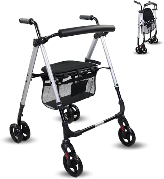Mobiclinic®, Andador para adultos, Plegable, Ligero, Asiento y cesta xxl, Sujeta bastones, Altura regulable, De aluminio, Marca española, Frenos por presión, Dehesa, Ruedas macizas, Gris perlado