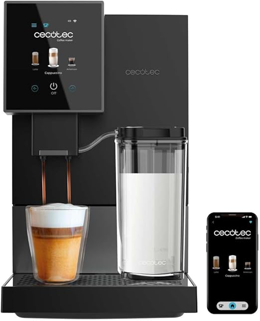 Cecotec Cafetera Superautomática Compacta con Wifi Cremmaet Compactccino Connected Black Silver. 1350W, 19 Bares, Pantalla TFT y APP, Molinillo, Tanque de Leche 400ml y 1L de Agua