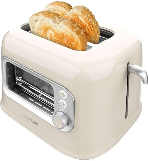Cecotec Tostadora Vertical con 2 Ranuras Anchas y Ventana Control RetroVision Beige. 700W, Diseño Retro, Cubierta Antipolvo, Apagado y Pop-up Automático, 5 Niveles de Potencia, Beige