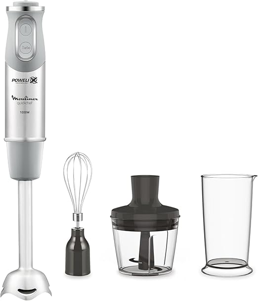 Moulinex QuickChef ,Batidora de Mano 1000 W, Regulador de 10 Velocidad Turbo, 3 Accesorios para Picar y Montar y Vaso Medidor, Cúpula Antisalpicaduras, Acero Inoxidable DD655D